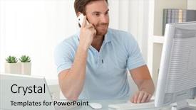  Presentation with office desk reception - Amazing PPT theme having handy man - office worker guy at desk backdrop and a light gray colored foreground