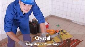  Presentation with plumber - Audience pleasing slides consisting of handy man - young plumber with miscellaneous tools backdrop and a tawny brown colored foreground