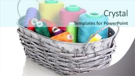  Presentation with few thread bobbin isolated - Presentation theme enhanced with handycraft - bright threads in basket isolated background and a cool aqua colored foreground