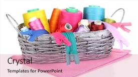  Presentation with few thread bobbin isolated - PPT theme featuring handycraft - bright threads in basket isolated background and a  colored foreground
