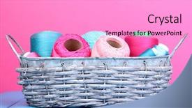  Presentation with wooden board empty table top - Presentation theme enhanced with handycraft - bright threads in basket background and a  colored foreground