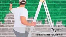  Presentation with paint roller - PPT layouts with handyman climbing ladder while using background and a light gray colored foreground