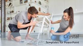  Presentation with upcycling - Theme consisting of handyman-couple-painting-and-varnishing background and a light blue colored foreground