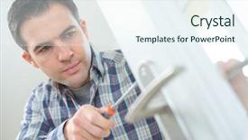  Presentation with remote medical fitting - Slide set with handyman fitting a new door background and a sky blue colored foreground