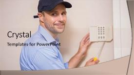  Presentation with handyman - PPT layouts enhanced with handyman fixing an alarm system background and a soft green colored foreground