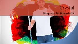  Presentation with paint roller - Presentation design enhanced with handyman holding paint roller against red green black yellow and blue paint background and a red colored foreground