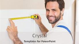  Presentation with handyman - PPT theme featuring handyman measuring a wardrobe in a new house background and a soft green colored foreground