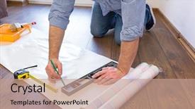  Presentation with handyman - Presentation theme featuring handyman measuring wallpaper to cut background and a coral colored foreground