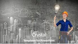  Presentation with electrical kilowatt hour electric meter - Presentation having handyman pointing at electrical bulb background and a gray colored foreground