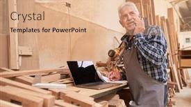  Presentation with computer workshop - Amazing PPT layouts having handyman-senior-with-cell-phone backdrop and a coral colored foreground