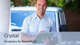  Presentation with delivery van - Colorful PPT theme enhanced with handyman standing near his delivery backdrop and a light blue colored foreground