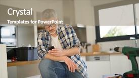  Presentation with handyman - Slide deck having handyman taking break on cellphone background and a coral colored foreground