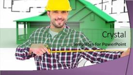  Presentation with tape measure - Presentation enhanced with handyman using measure tape on wooden plank against house in grey with architect plans background and a seafoam green colored foreground