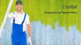  Presentation with paint roller - Slide deck with handyman using paint roller on white background against wooden planks background and a gold colored foreground