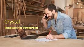  Presentation with computer workshop - Colorful slide deck enhanced with handyman-using-phone-and-laptop backdrop and a tawny brown colored foreground