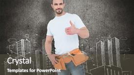  Presentation with handyman - Presentation theme having handyman wearing tool belt with thumbs up against hand drawn city plan background and a dark gray colored foreground