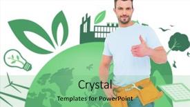  Presentation with fair trade - Audience pleasing PPT theme consisting of handyman wearing tool belt with thumbs up against fair trade graphic backdrop and a seafoam green colored foreground