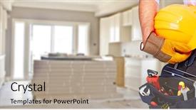  Presentation with construction tools - Presentation design consisting of handyman with construction tools house background and a mint green colored foreground