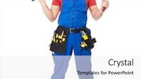 Presentation with handyman - Colorful PPT theme enhanced with handyman with tool drill and brush full portrait over white background backdrop and a white colored foreground
