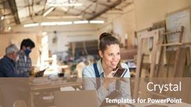  Presentation with handyman - Colorful slide deck enhanced with handyman-woman-with-smartphone backdrop and a coral colored foreground