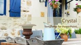  Presentation with antique - Theme having hanging basket flowers - antique objects in trays background and a soft green colored foreground