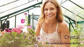  Presentation with plants growing - Beautiful PPT theme featuring hanging basket flowers - woman growing plants in greenhouse backdrop and a  colored foreground