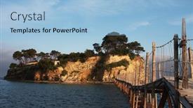  Presentation with green bananas hanging on banana - Amazing slide deck having hanging-bridge-to-the-island backdrop and a light blue colored foreground