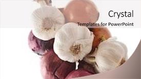  Presentation with clove - Cool new theme with hanging bunch bundle of onion and garlic clove isolated on white background backdrop and a lemonade colored foreground
