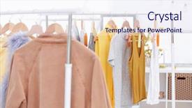  Presentation with different - Audience pleasing PPT theme consisting of hanging clothing - different women wear in modern backdrop and a sky blue colored foreground