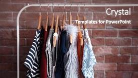  Presentation with brick wall - PPT theme with hanging clothing - hangers with different female clothes background and a violet colored foreground