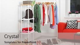  Presentation with clothing wooden clothes hanger object - Presentation theme having hanging clothing - rack with collection of clothes background and a light gray colored foreground