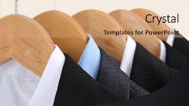  Presentation with hanging rope pictures white - PPT theme consisting of hanging clothing - suits with shirts on hangers background and a coral colored foreground