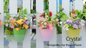  Presentation with flower pots - Slide deck enhanced with hanging flower pots with fence background and a light blue colored foreground