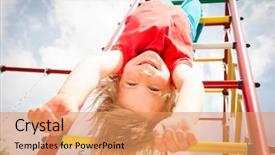  Presentation with happy kids - Colorful PPT theme enhanced with hanging from a climbing frame backdrop and a coral colored foreground