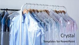  Presentation with dry cleaning - PPT layouts enhanced with hanging on hangers at dry background and a light blue colored foreground