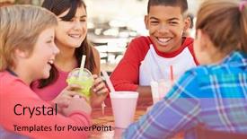  Presentation with diverse group of children - Colorful PPT theme enhanced with hanging out together in caf backdrop and a coral colored foreground