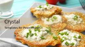  Presentation with hanukkah - Colorful presentation design enhanced with hanuka - plate with tasty potato pancakes backdrop and a yellow colored foreground