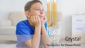 Presentation with jewish - Presentation design consisting of hanukkah - jewish boy looking at flame background and a mint green colored foreground