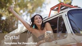  Presentation with motor - Cool new slide deck with haooy-woman-leaning-on-window backdrop and a coral colored foreground