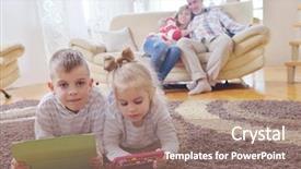  Presentation with living room family - PPT theme featuring hapiness - hapy young family have fun background and a coral colored foreground