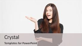  Presentation with palm - Audience pleasing PPT theme consisting of hapiness - hapy young woman holding copyspace backdrop and a  colored foreground