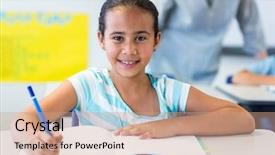  Presentation with smiling little girl - Audience pleasing theme consisting of hapiness - portrait of smiling girl writing backdrop and a coral colored foreground
