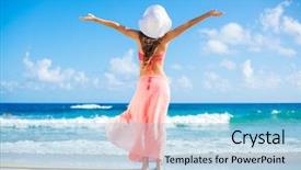  Presentation with bliss - Colorful presentation theme enhanced with hapiness - relaxing beach vacation happy woman backdrop and a light blue colored foreground
