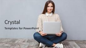  Presentation with confident - Cool new slide deck with hapiness - young confident hapy smiling woman backdrop and a light gray colored foreground