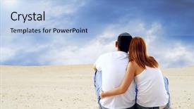  Presentation with desert - Presentation having hapiness - young couple seating in desert background and a light blue colored foreground