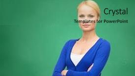  Presentation with casual young people - PPT theme with hapiness and people concept - serious young woman in casual clothes background and a ocean colored foreground