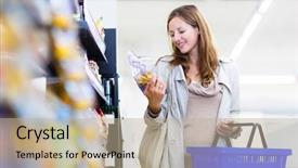  Presentation with online grocery shopping - Audience pleasing theme consisting of hapiness consumer - beautiful young woman shopping backdrop and a mint green colored foreground