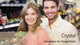  Presentation with products supermarket - Colorful presentation theme enhanced with hapiness consumer - portrait of smiling bright couple backdrop and a lemonade colored foreground