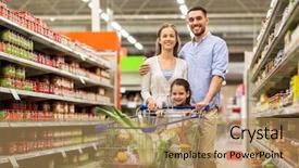  Presentation with supermarket shopping cart buying food - PPT layouts consisting of hapiness consumer - sale consumerism and people concept background and a coral colored foreground