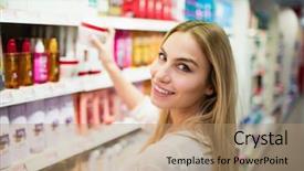  Presentation with grocery store - PPT theme with hapiness consumer - smiling blonde woman posing while background and a  colored foreground